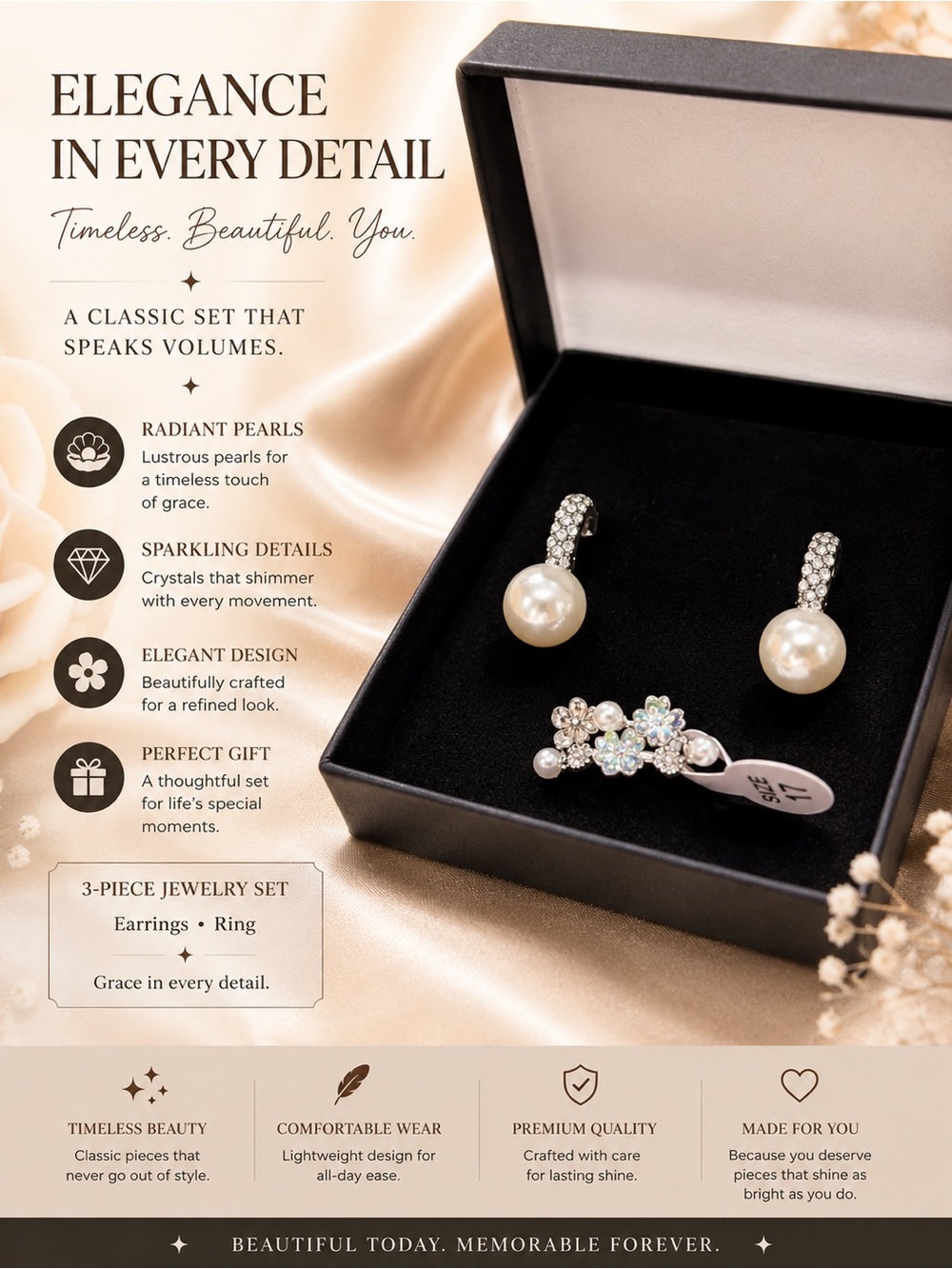Size 8- Classic Faux Pearl and Crystal 2-Piece Jewelry Set - White Pearls